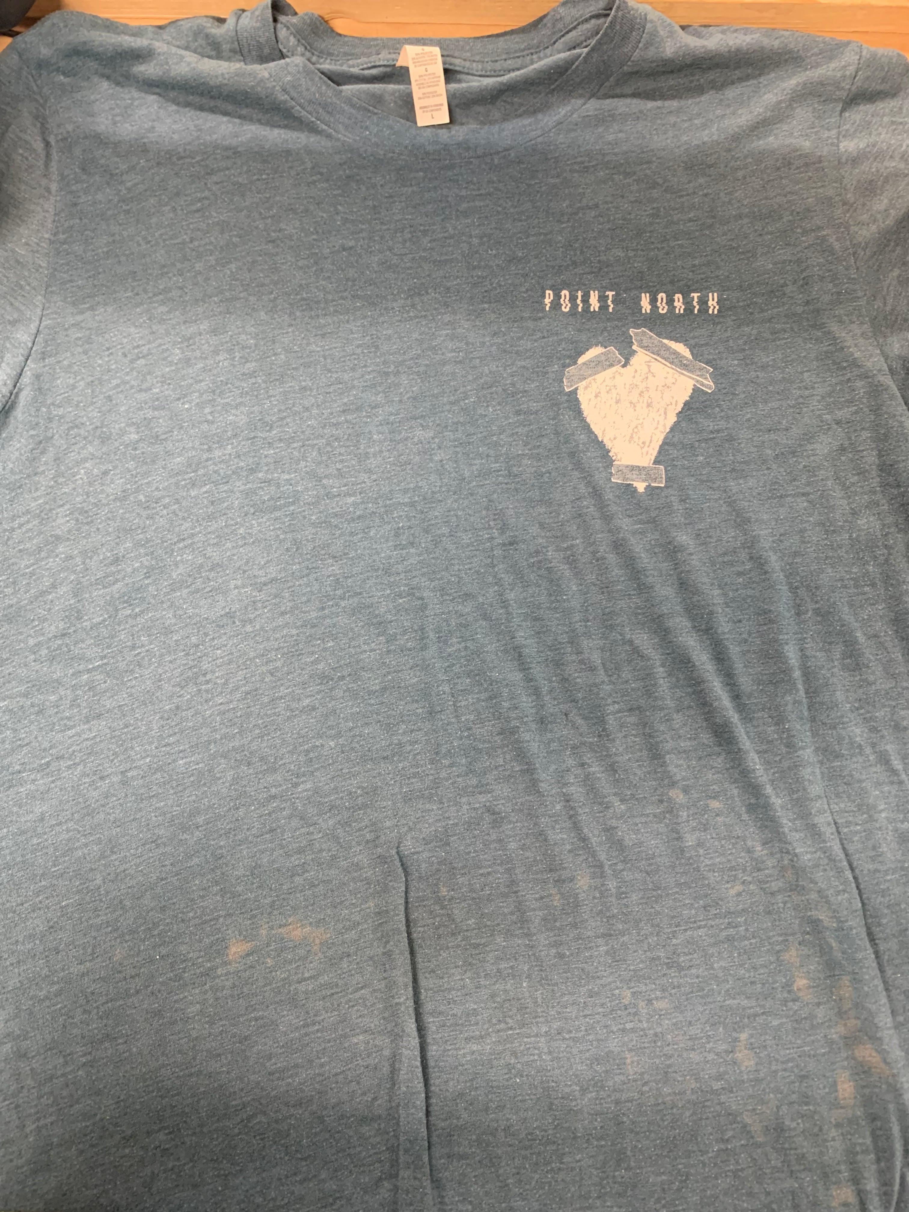 Point North Taped Heart T-Shirt, Aqua Blue W/ Minor Bleach Stains (SEE DESCRIPTION), L