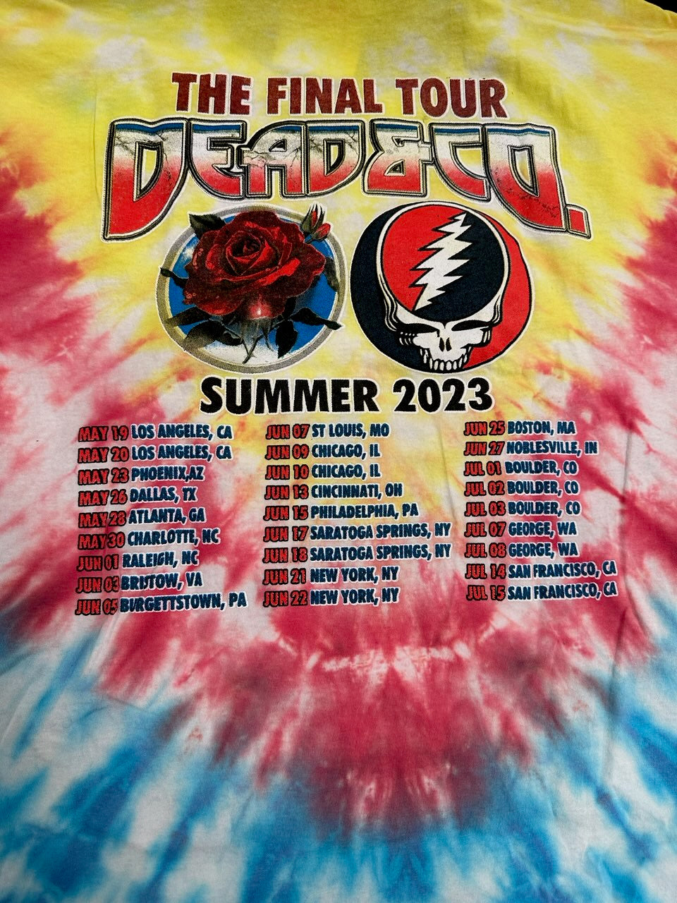 Dead & Co. Summer 2023 The Final Tour Parking Lot T-Shirt, Yellow/Red/Blue TieDye, L
