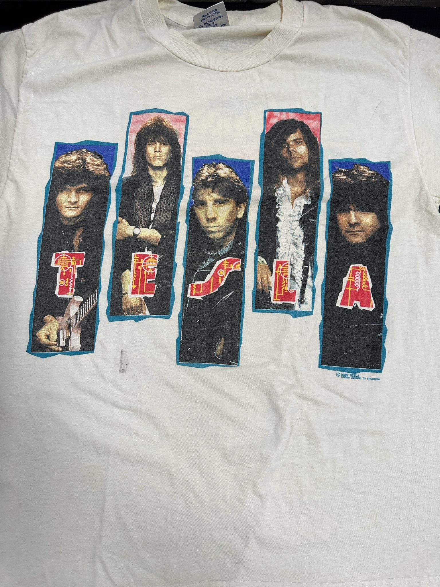 Tesla 1989 Band T-Shirt, White, Tagged L (25.5" Long, 19" Pit To Pit)(Blemish On Front; See Pics)