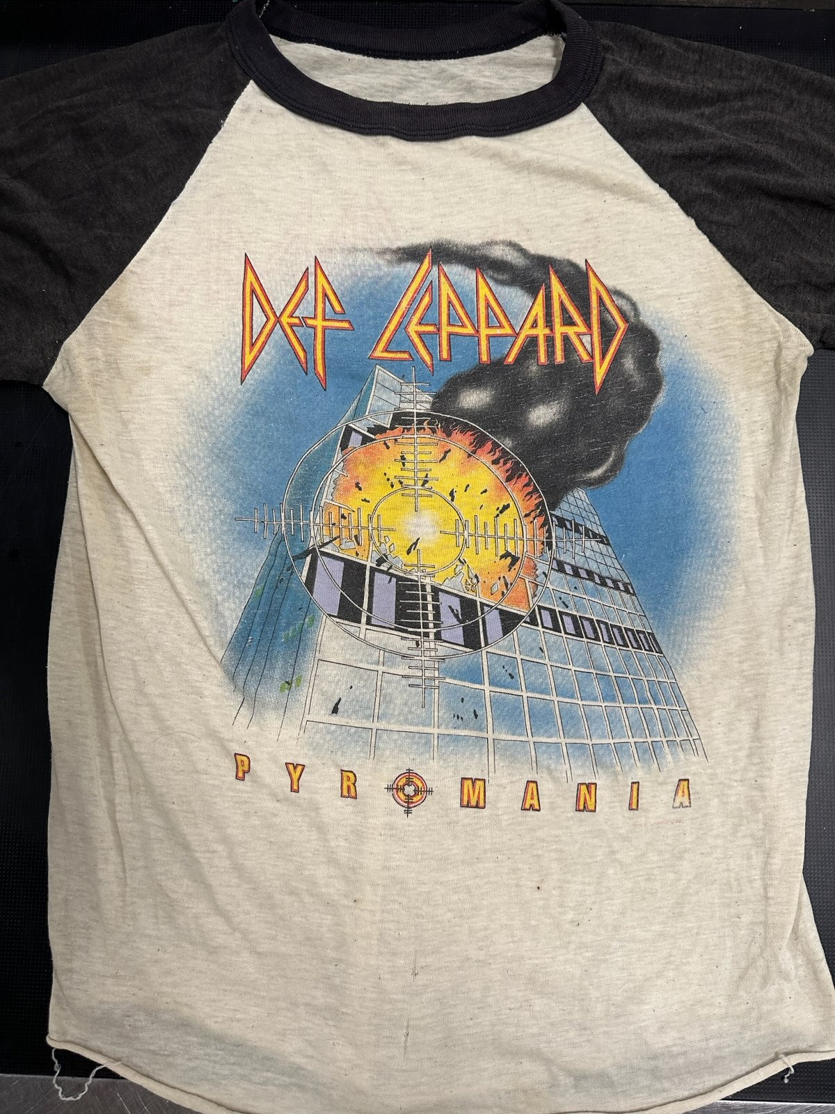 Def Leppard 1983 Pyromania Tour Raglan/Baseball T-Shirt, White w/Black Arms, Tagless (Measures 25" Long, 16.5" Pit To Pit)(Hole In Back Right Armpit)