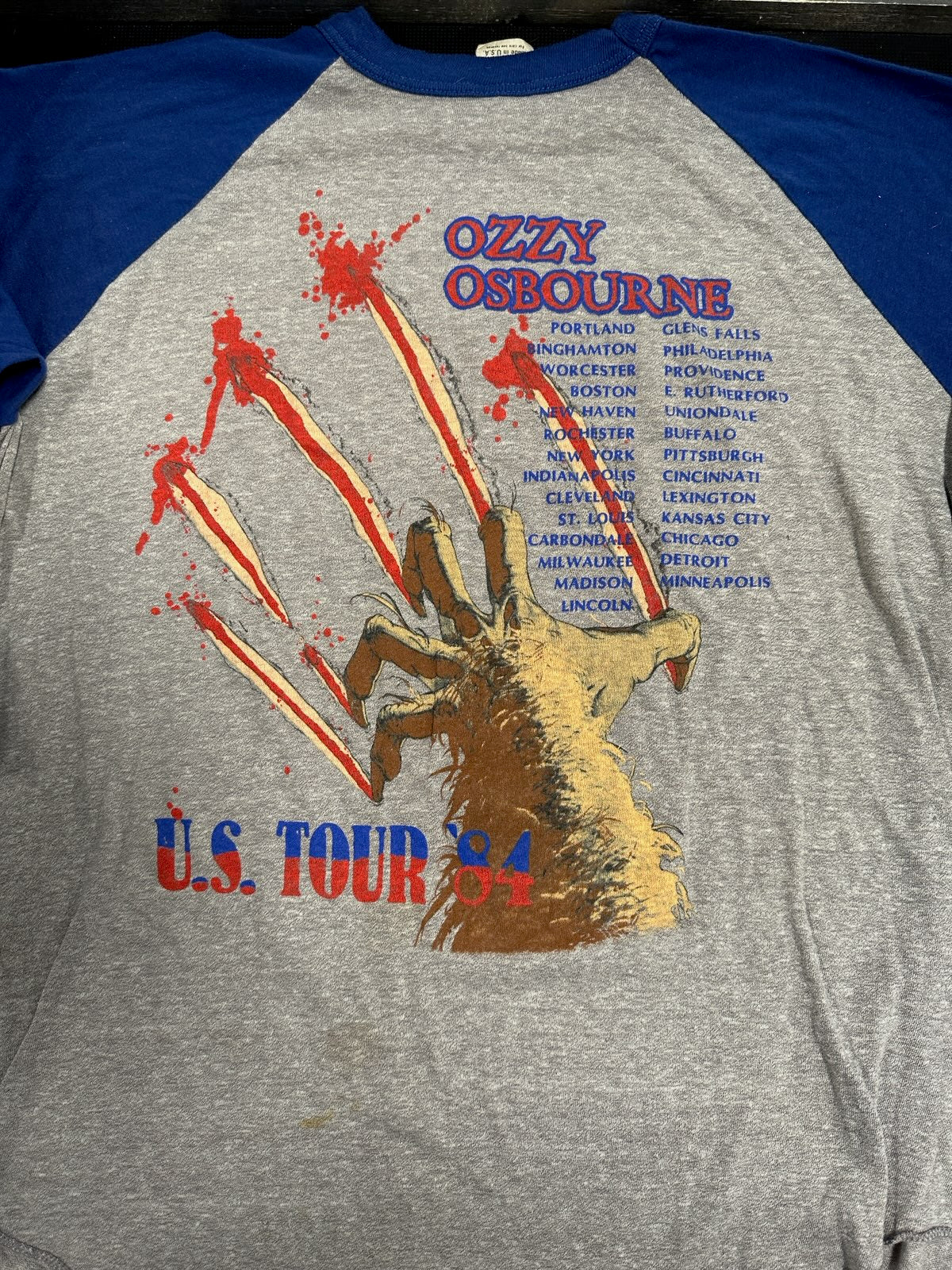 Ozzy Osbourne 1984 Bark At The Moon Tour Raglan/Baseball T-Shirt, Grey w/Blue Arms, Tagged L (27" Top To Bottom, 20" Pit To Pit)