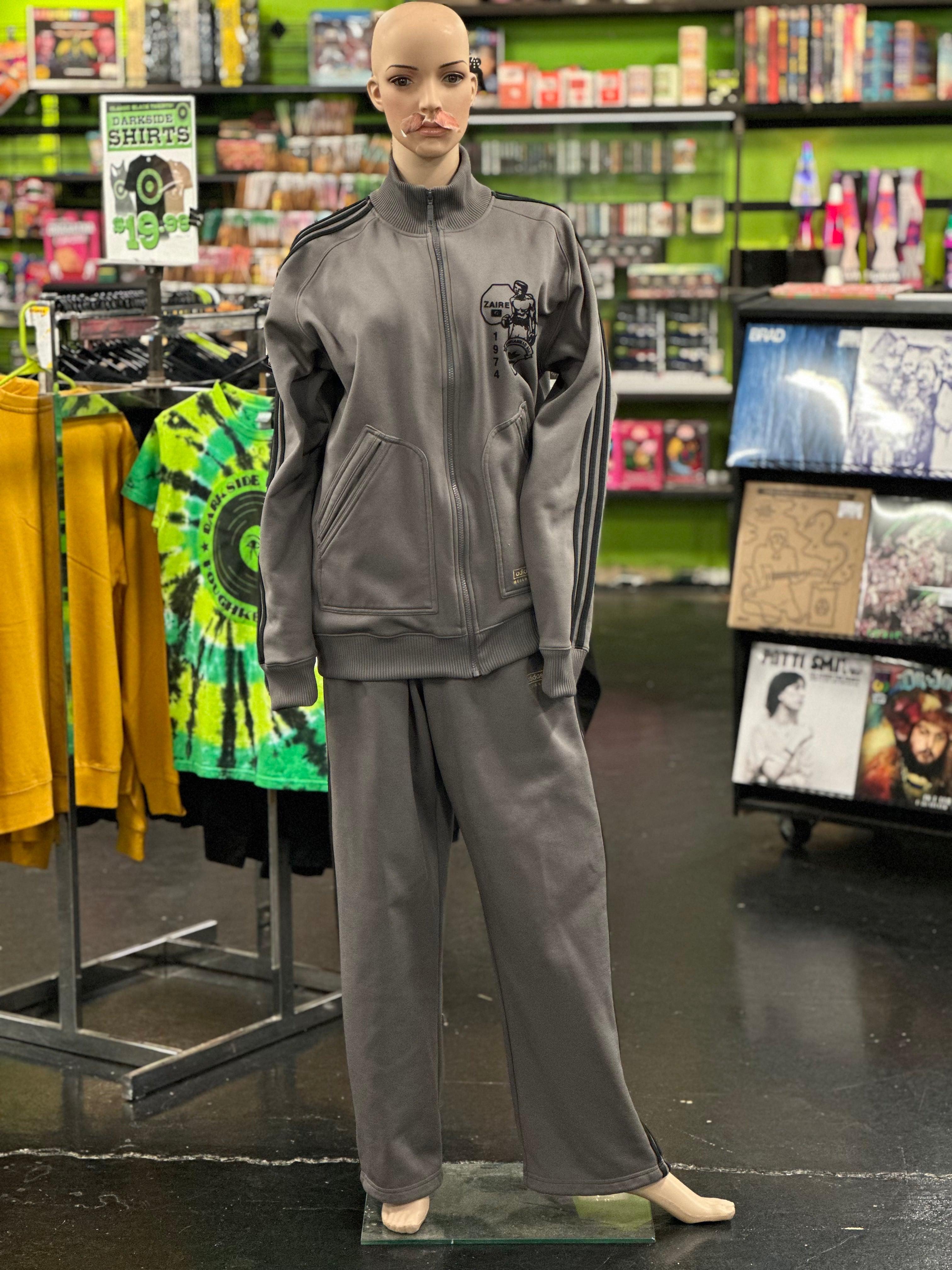 Grey adidas tracksuit with green stripes Clearance