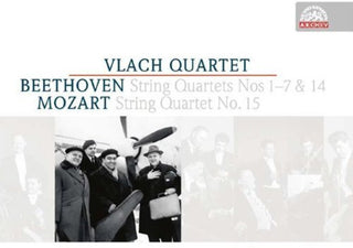 the album cover for Beethoven / Mozart / Vlach Quartet - Beethoven: String Quartets Nos 1-7 & 14 / Mozart: String Quartet No 15