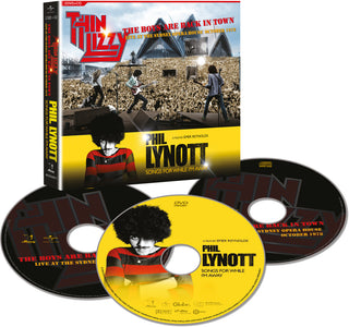 the album cover for Phil Lynott + Thin Lizzy - Songs For While I'm Away + The Boys Are Back In Town [2DVD/CD]