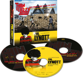 the album cover for Phil Lynott + Thin Lizzy - Songs For While I'm Away + The Boys Are Back In Town [Blu-ray/DVD/CD]