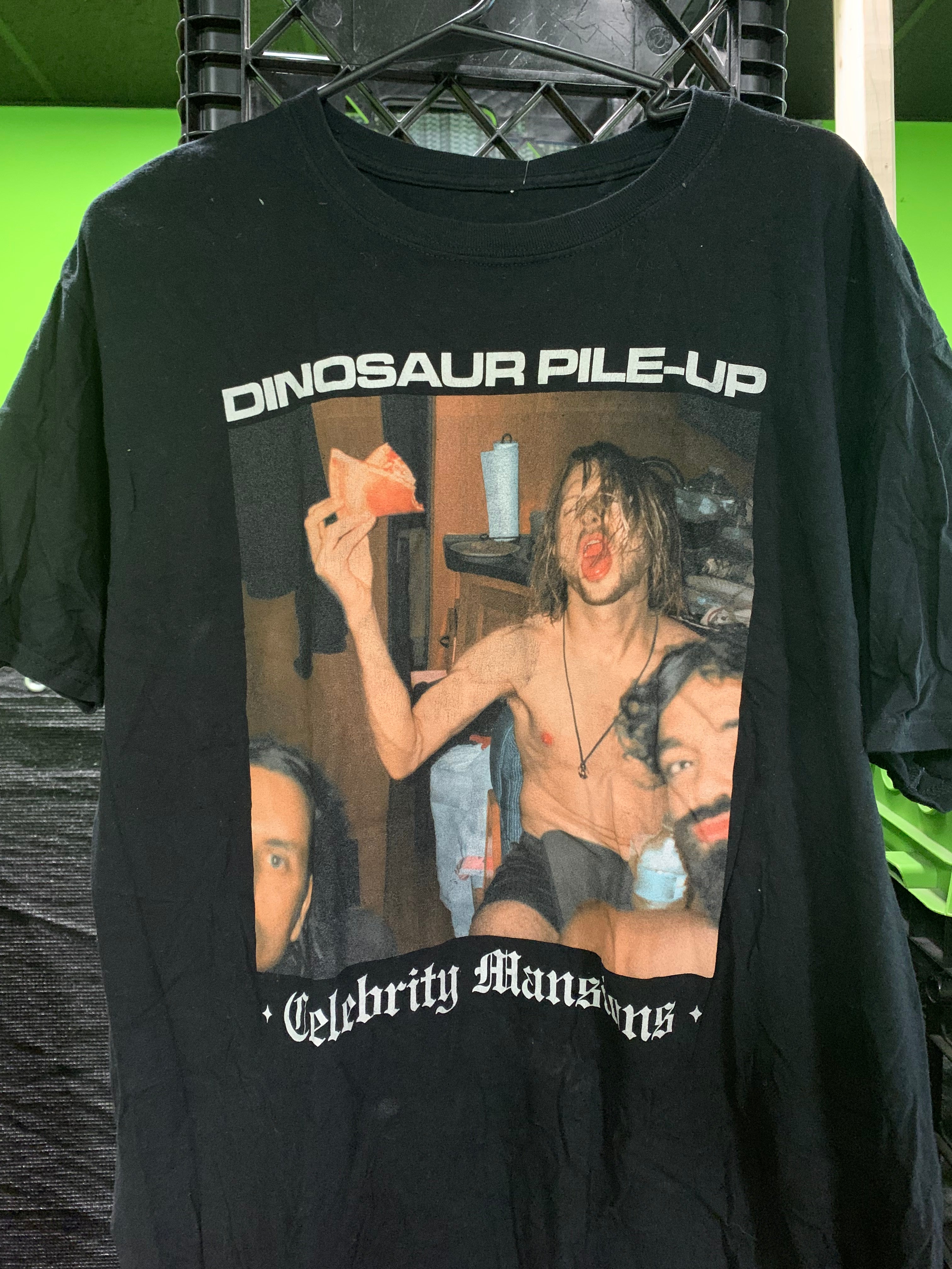 Dinosaur Pile-Up Celebrity Mansions T-Shirt, Black, XL