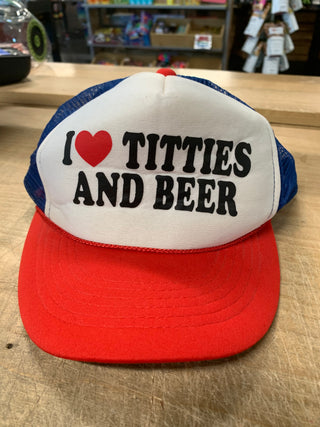 I Heart titties And Beer Trucker Cap, Red / White / Blue, One Size Fits All