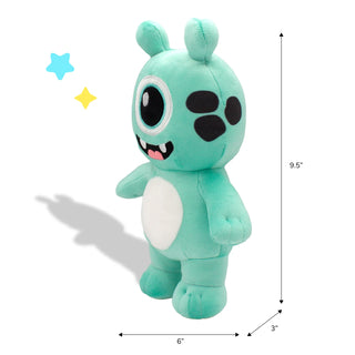 Winky from Wigglitz Green plush toy with measurements on a white background