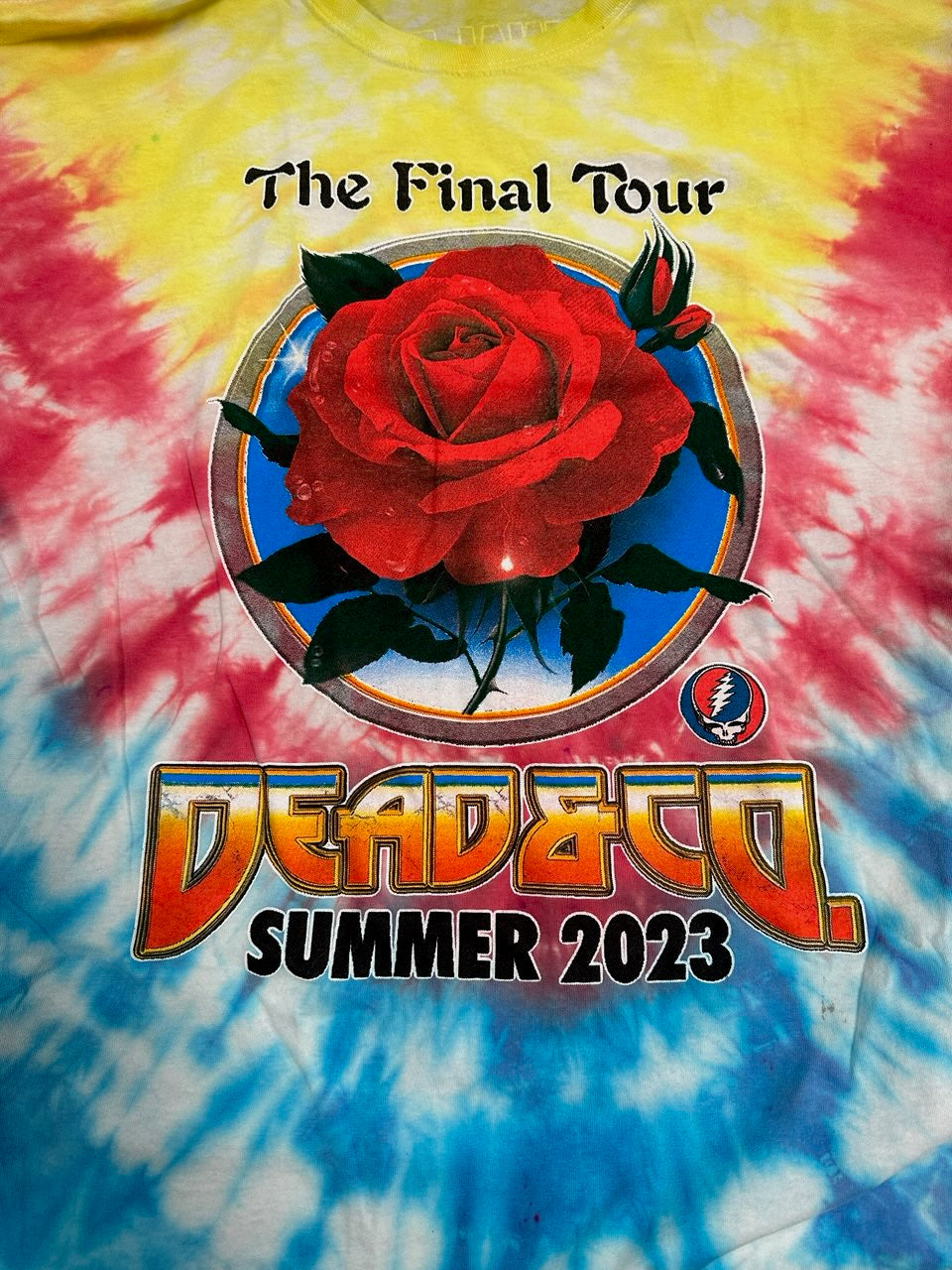 Dead & Co. Summer 2023 The Final Tour Parking Lot T-Shirt, Yellow/Red/Blue TieDye, L