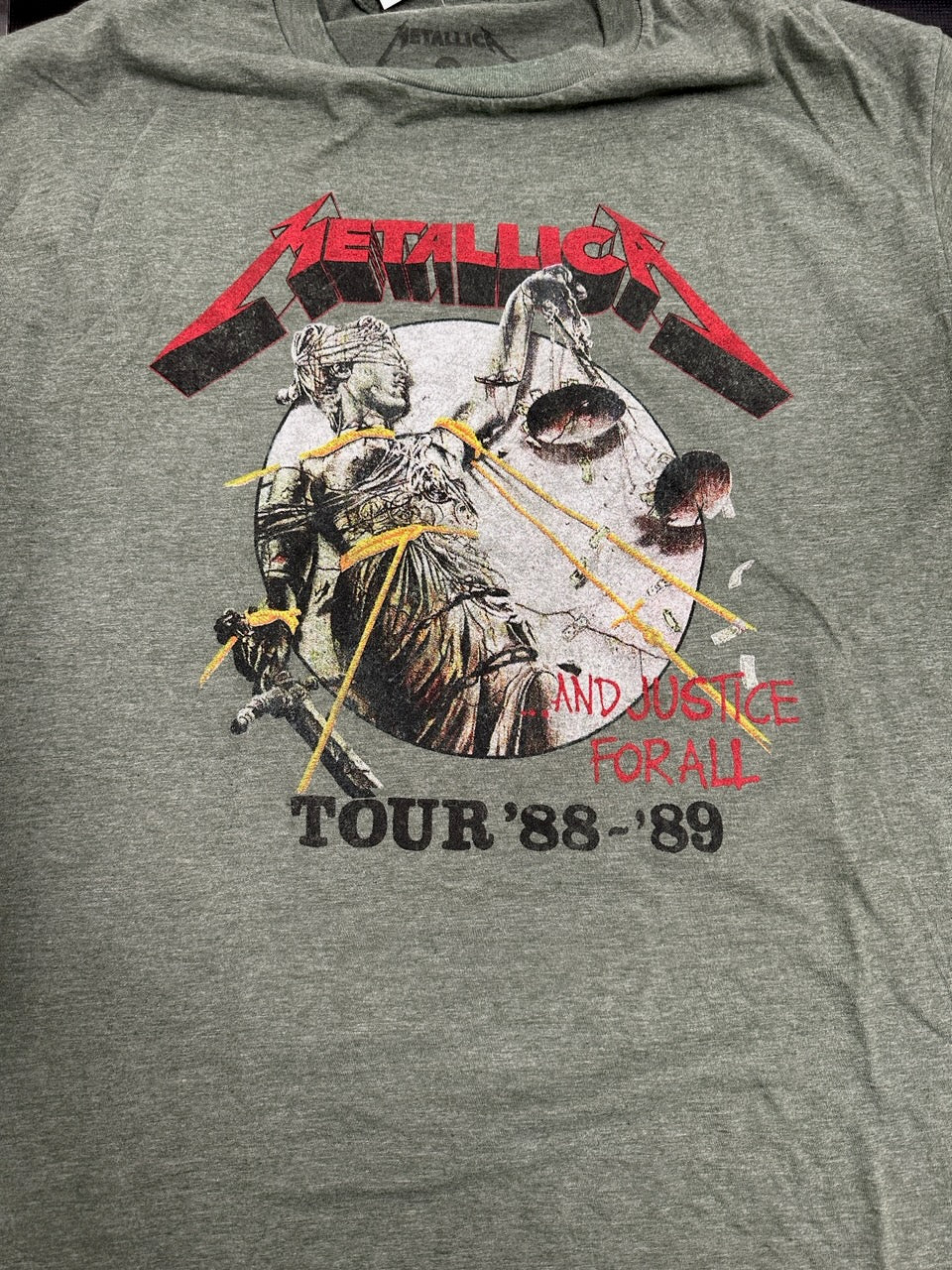 Metallica And Justice For All '88-89 Tour REPRINT T-Shirt, Army Green, L
