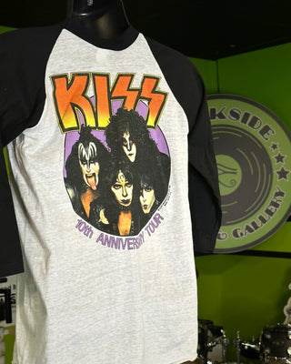 Kiss 1982 10th Anniversary Raglan/Baseball T-Shirt, White w/Black Arms, S (Tagged L)(Measures 25” Long, 18” Pit To Pit) - Darkside Records