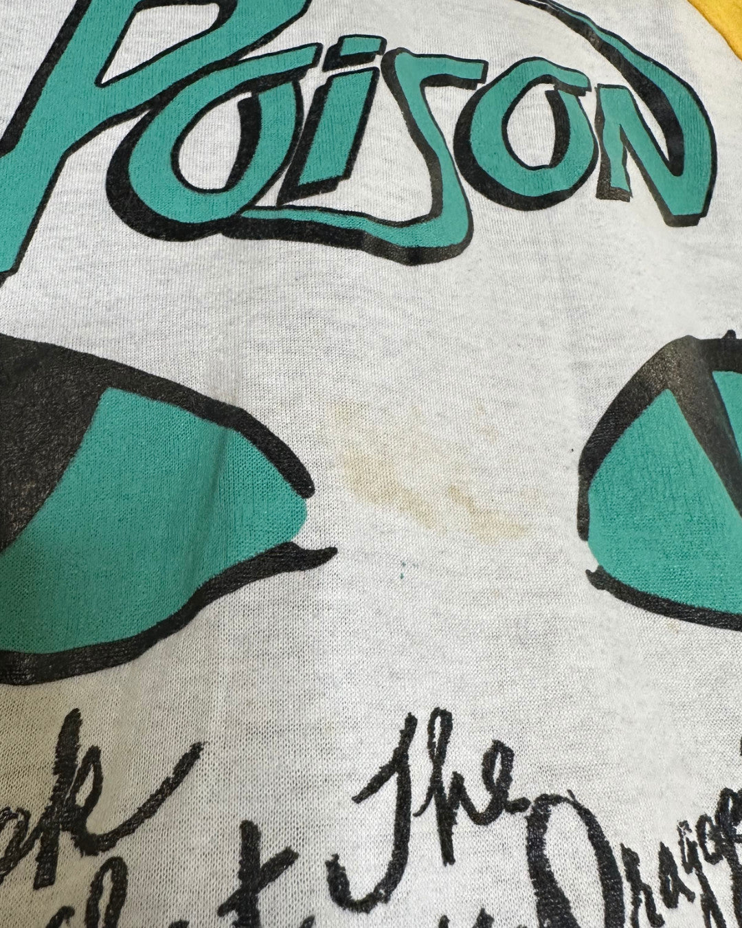 Poison 1986 Look What The Cat Dragged In Raglan/Baseball T-Shirt, White w/Yellow Arms, M (Tagged XL)(Measures 26” Waist, 28” Long, 19” Pit To Pit) - Darkside Records