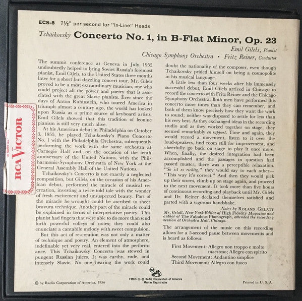 Tchaikovsky- Concerto No. 1 (Fritz Reiner, Conductor) (7 ½ ips) - Darkside Records