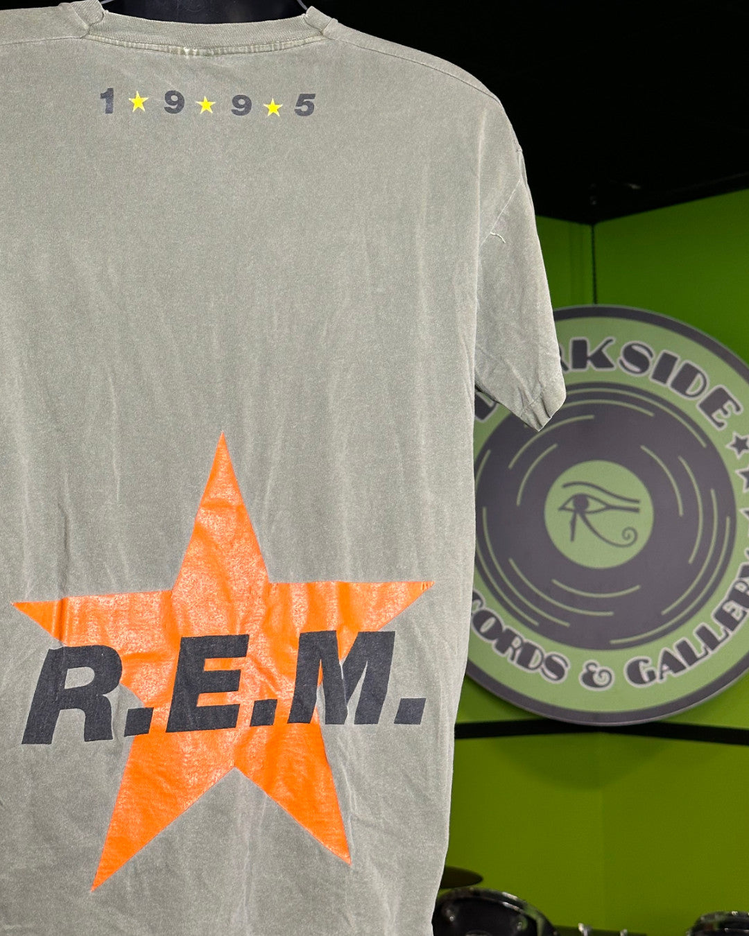 R.E.M. 1995 Star Logo T-Shirt, Army Green, XL (Faded, Cracking) - Darkside Records