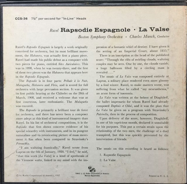 Ravel- La Valse, Rapsodie Espagnole (Charles Munch, conductor) (7 ½ ips" - Darkside Records
