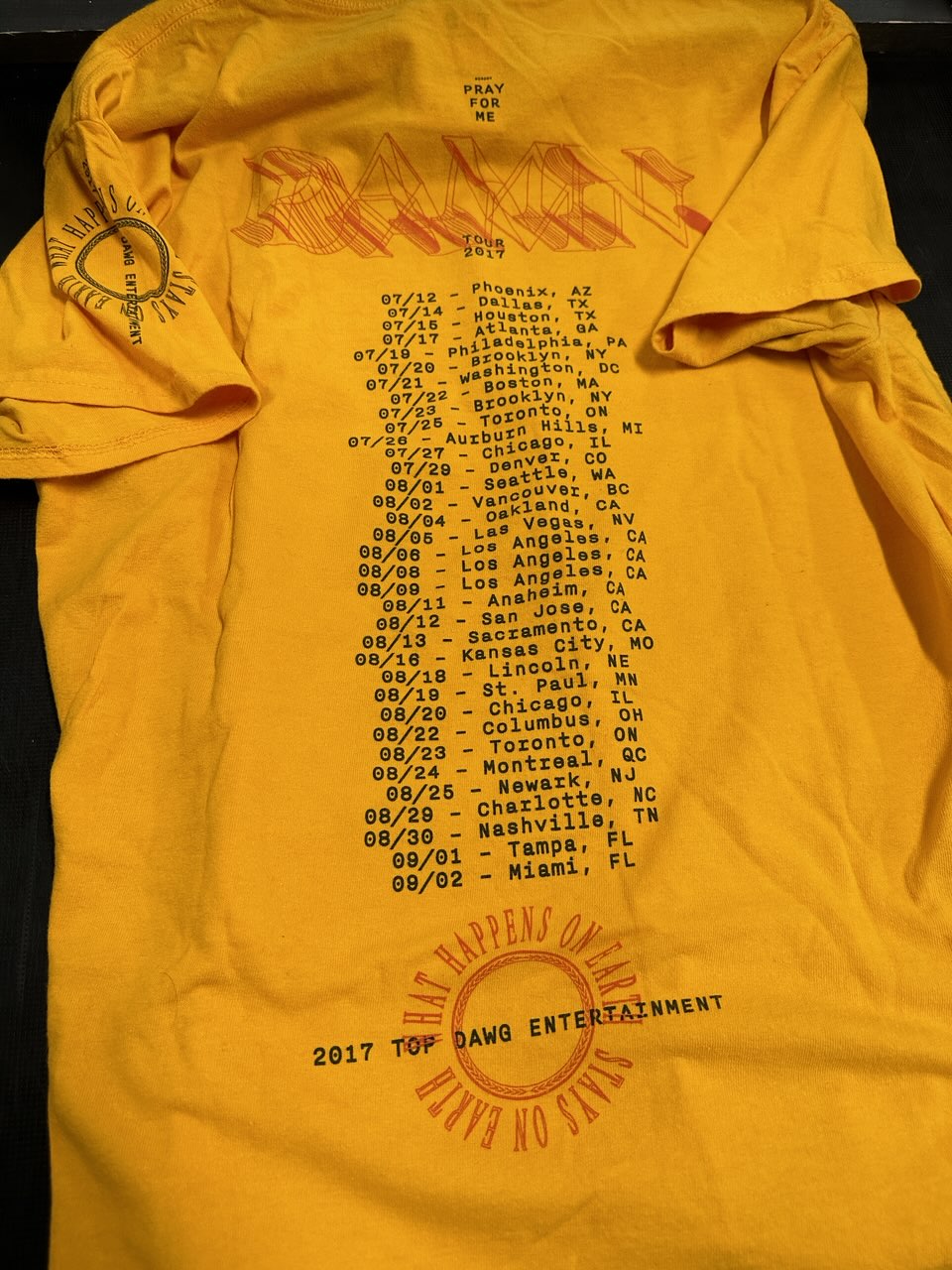 Kendrick Lamar 2017 Damn Tour T-Shirt, Yellow, L - Darkside Records