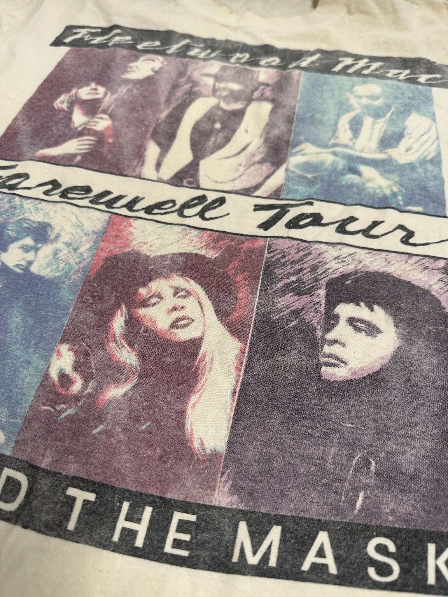Fleetwood Mac 1990-91 Behind The Mask Farewell Tour T-Shirt, White, Tagless (25" Long, 18.5" Pit To Pit)(Some Yellowing Around Neck; See Pics)