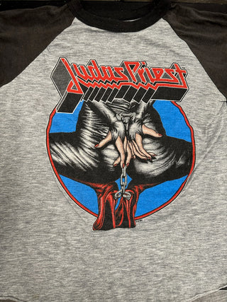 Judas Priest 1984 Defenders Of The Faith Tour Raglan/Baseball T-Shirt, Grey w/Blk Arms, Tagged L (25.5" Long, 19" Pit To Pit)