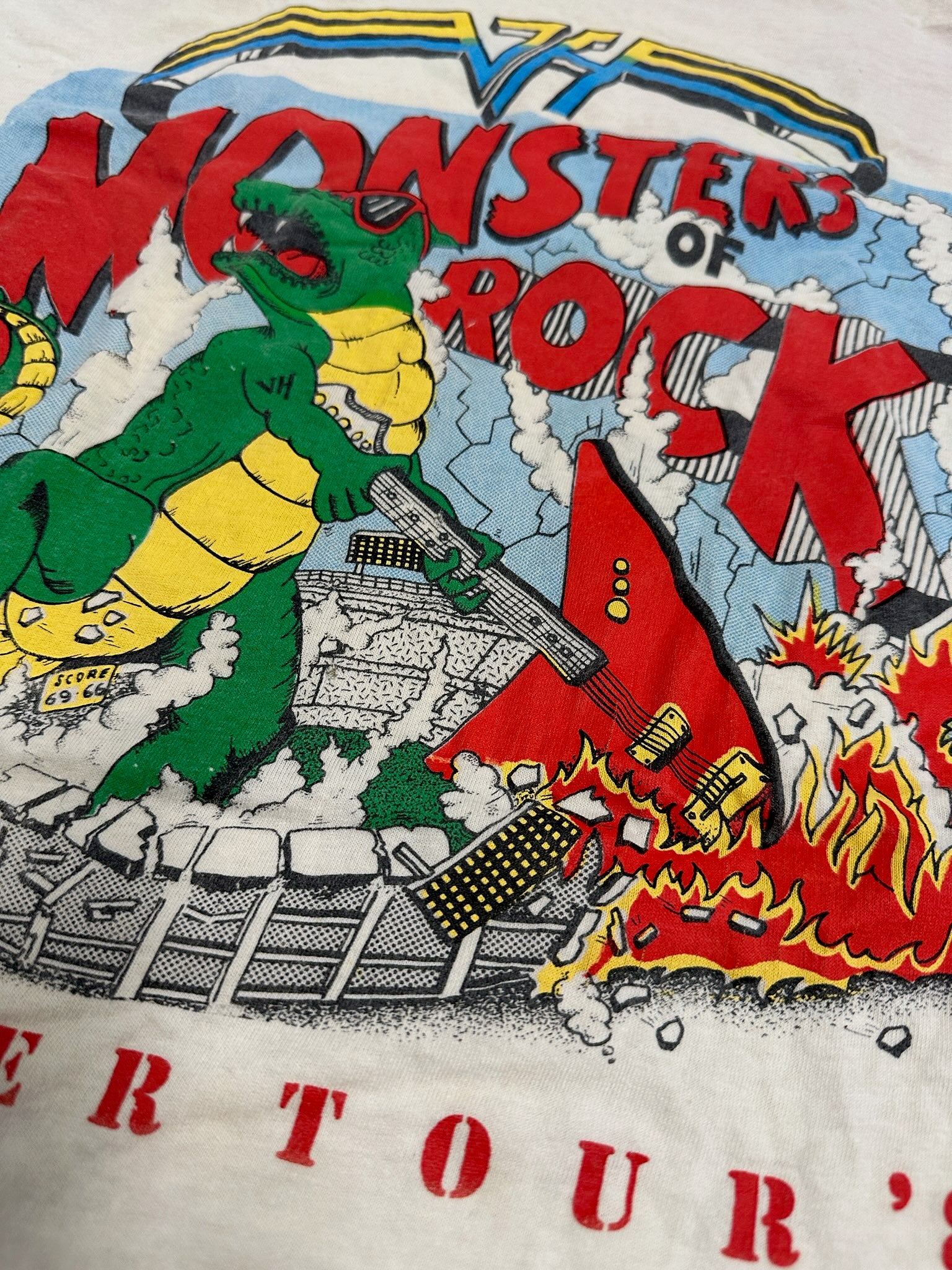 Van Halen 1988 Monsters Of Rock Tour T-Shirt, White, Tagged M (24" Long, 19" Pit To Pit)(Stitch Repair On Front And Back; See Pics)