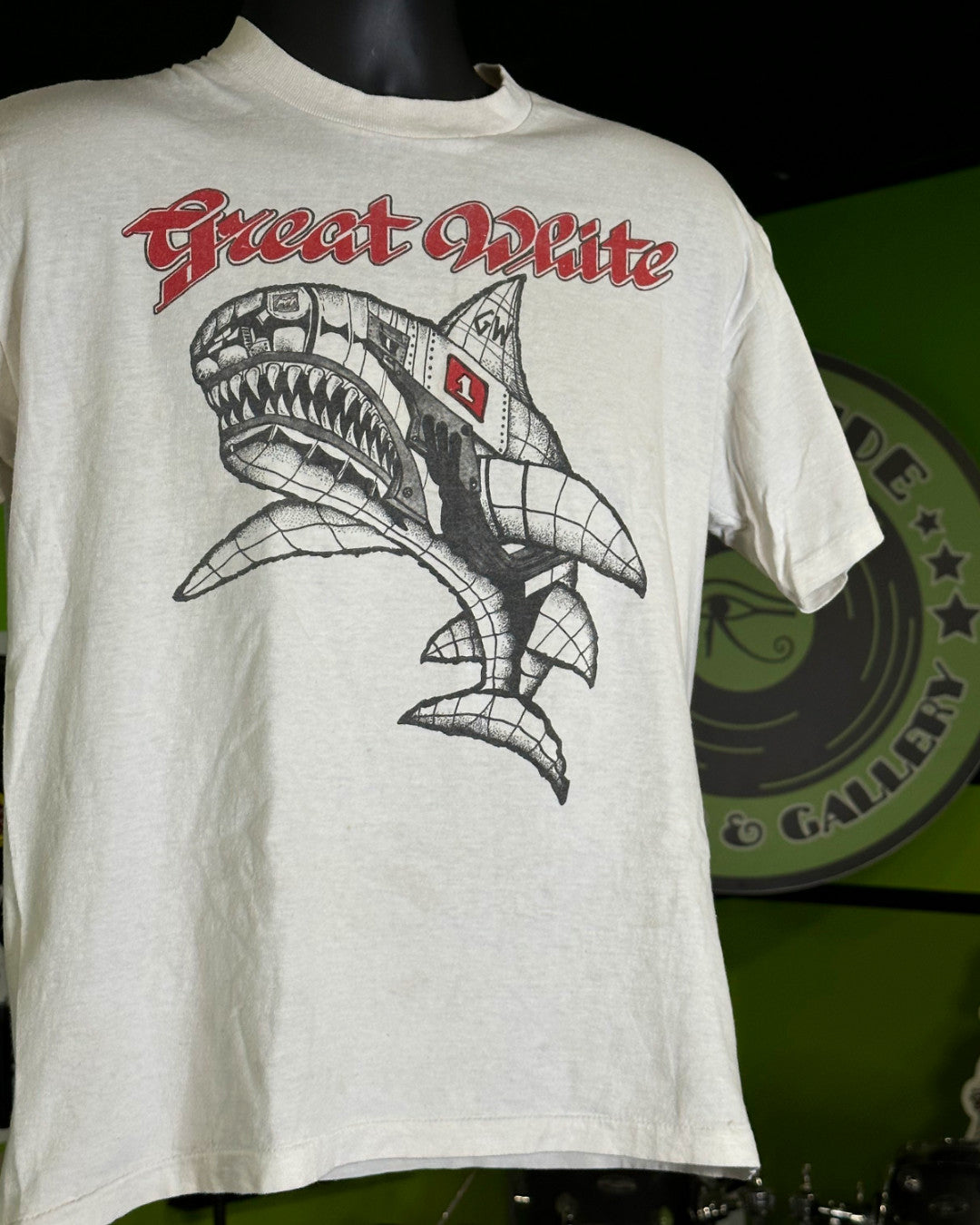 Great White Vintage 80s Metal Shark T-Shirt, White, Boxy Small (Tagged XL)(Measures 24.5” Long, 20” Pit To Pit) - Darkside Records