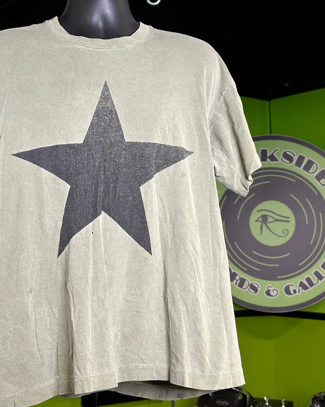 R.E.M. 1995 Star Logo T-Shirt, Army Green, XL (Faded, Cracking) - Darkside Records