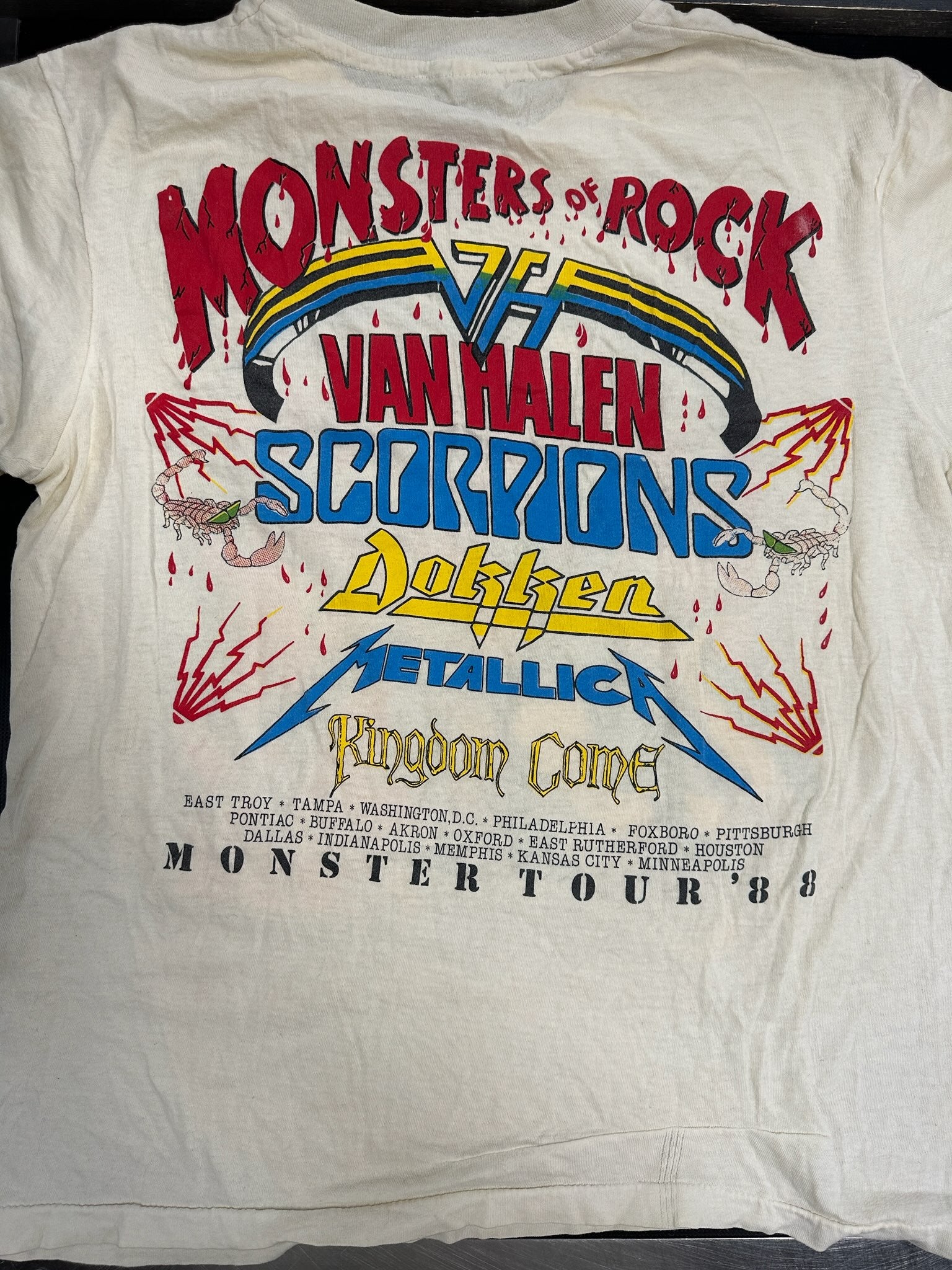 Van Halen 1988 Monsters Of Rock Tour T-Shirt, White, Tagged M (24" Long, 19" Pit To Pit)(Stitch Repair On Front And Back; See Pics)