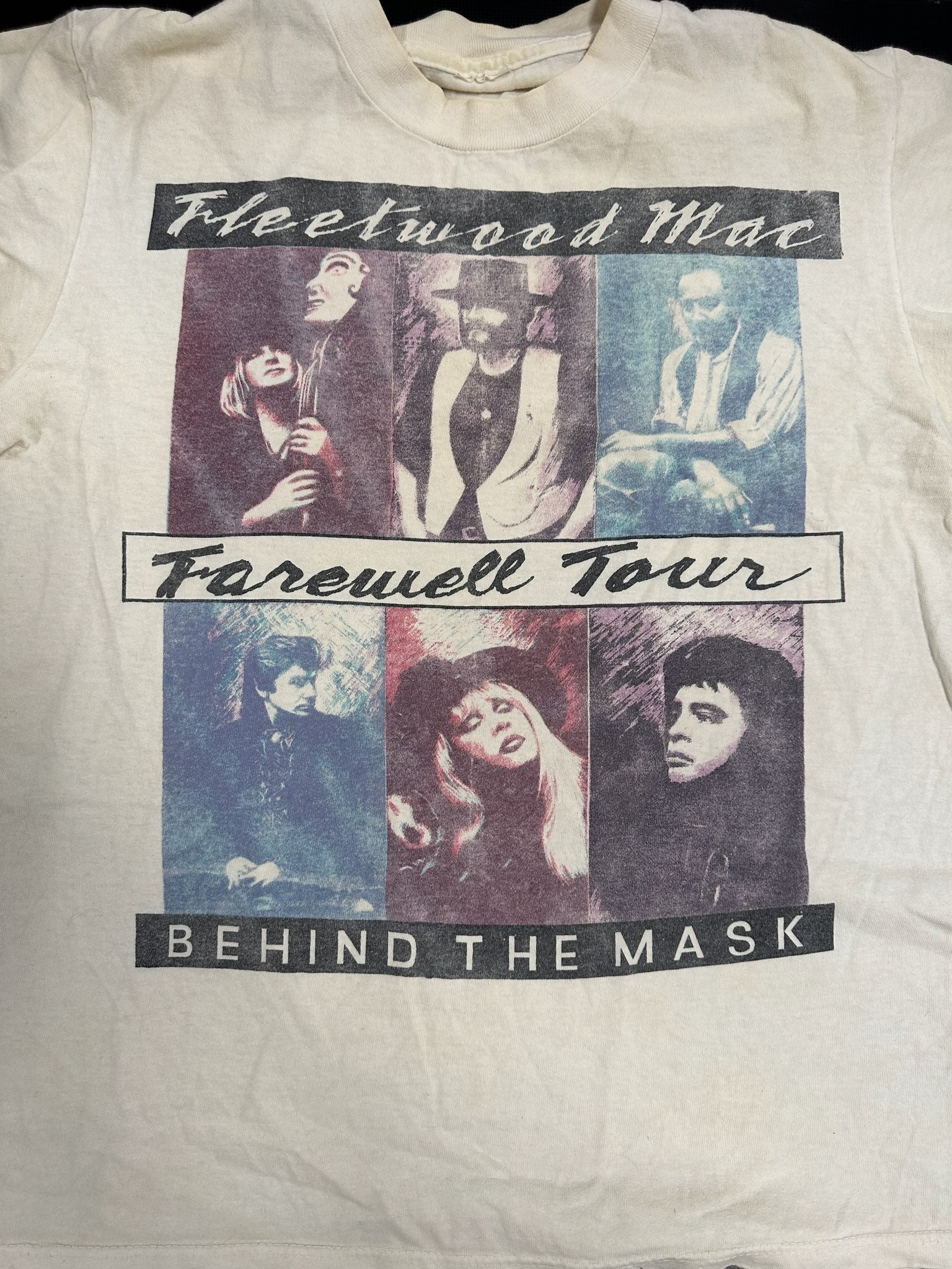 Fleetwood Mac 1990-91 Behind The Mask Farewell Tour T-Shirt, White, Tagless (25" Long, 18.5" Pit To Pit)(Some Yellowing Around Neck; See Pics)